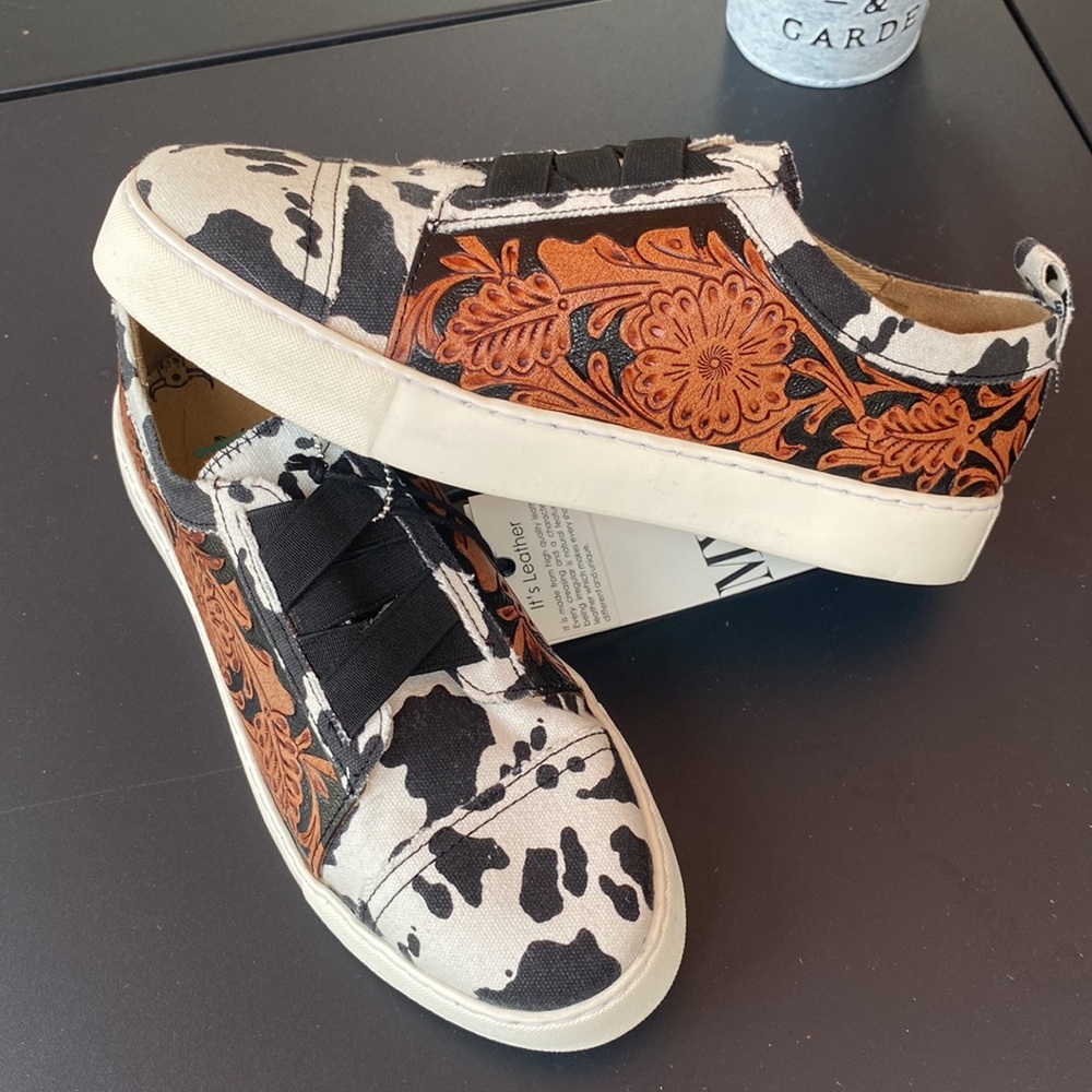 Myra cow print hand tooled leather canvas shoes
